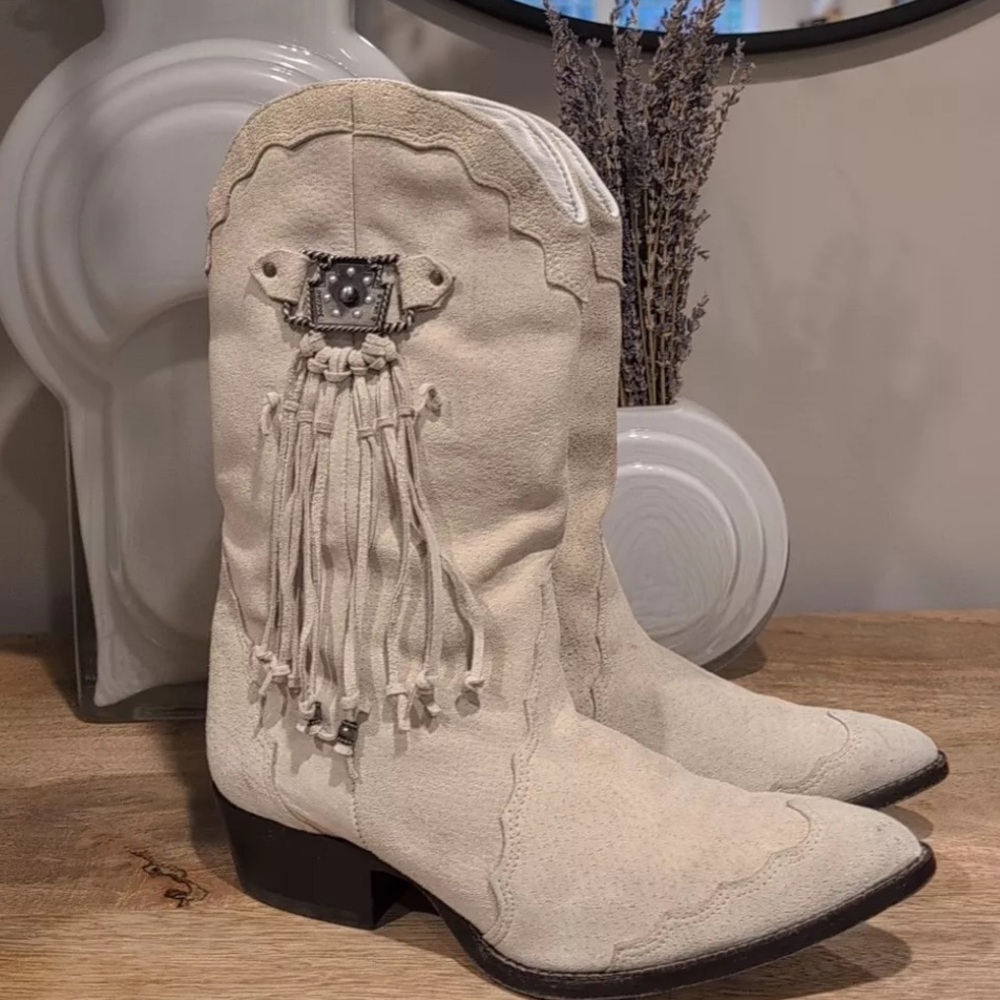 Vintage Zodiac Suede Cowboy Boots with Fringe